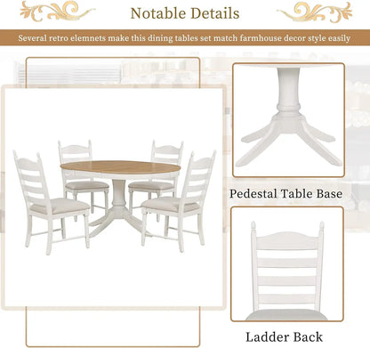 5-Piece Round Dining Table Set, Extendable Table with 4 Upholstered Chairs, Dining Room Table Sets, Kitchen Tables sets