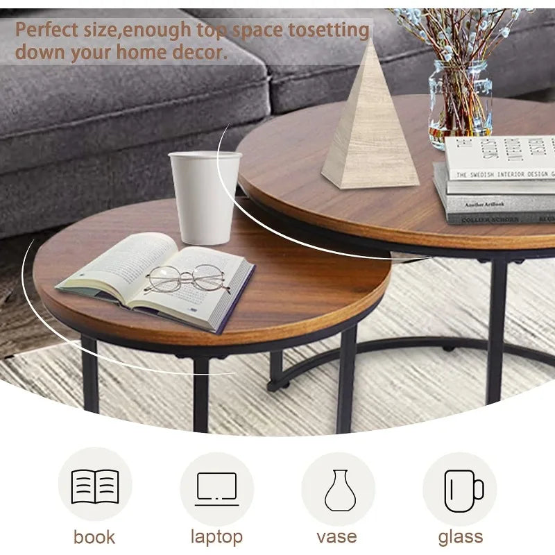 Coffee Table Nesting White Set of 2 Side Set Golden Frame Circular and Marble Pattern Wooden Tables, Living Room Bedroom