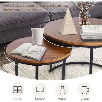 Coffee Table Nesting White Set of 2 Side Set Golden Frame Circular and Marble Pattern Wooden Tables, Living Room Bedroom