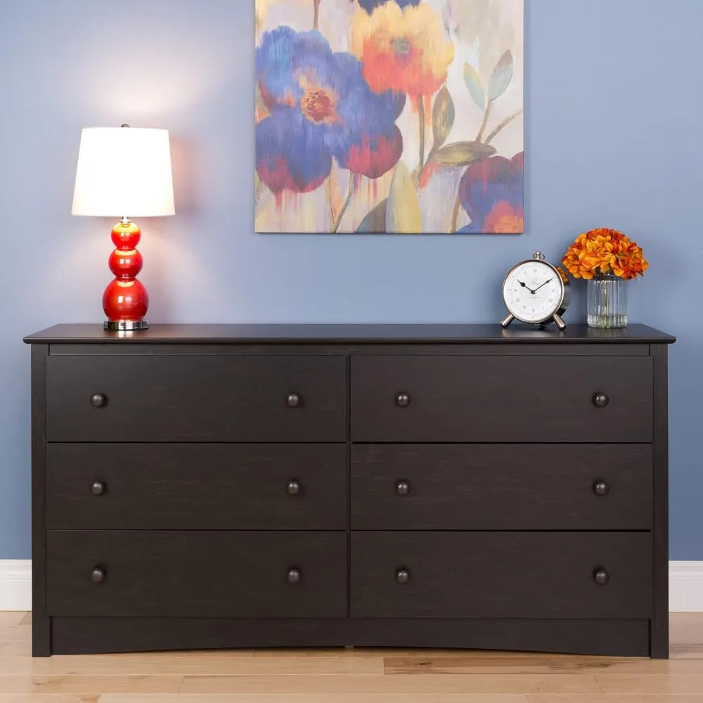 Bedroom Furniture: Black Double Dresser for Bedroom, 6-Drawer Wide Chest of Drawers, Traditional Bedroom Dresser