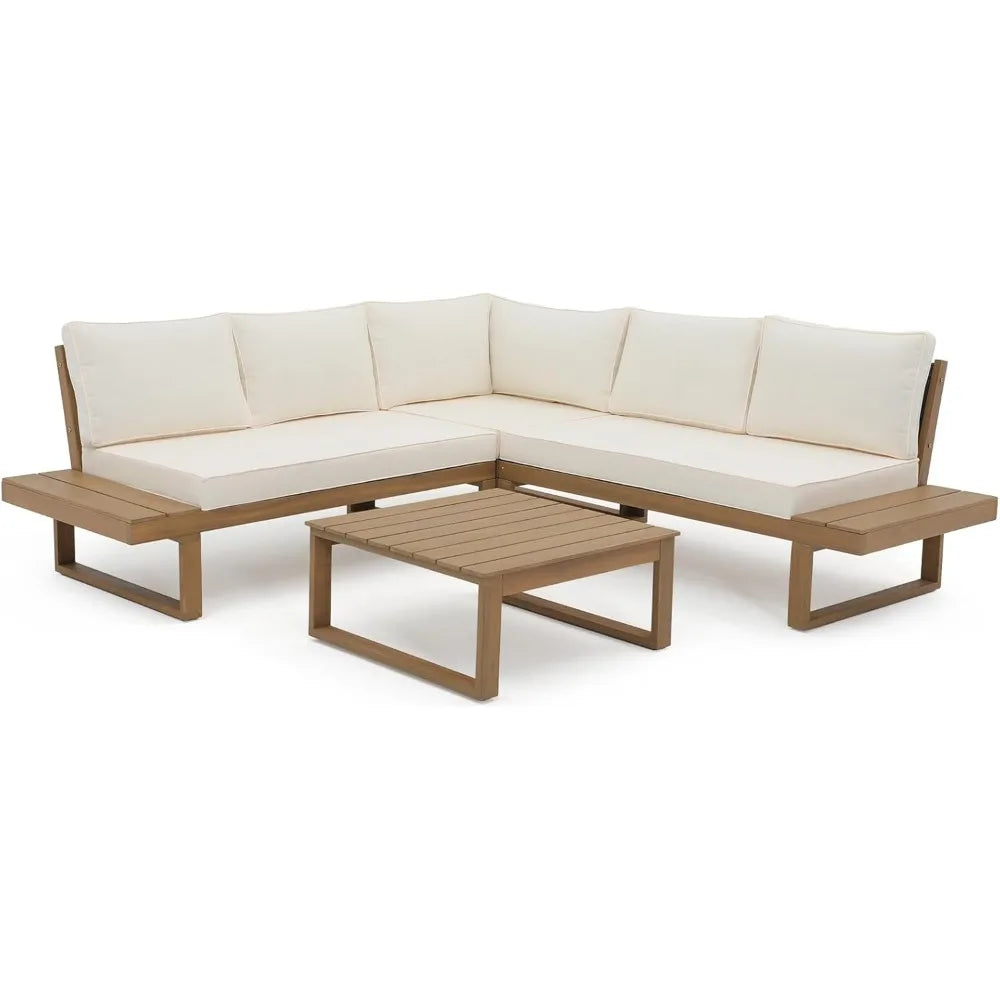 4 Piece Acacia Wood Patio Furniture Set, L-Shaped Outdoor Sectional Sofa with Coffee Table, Built-in Side Table, Cushions