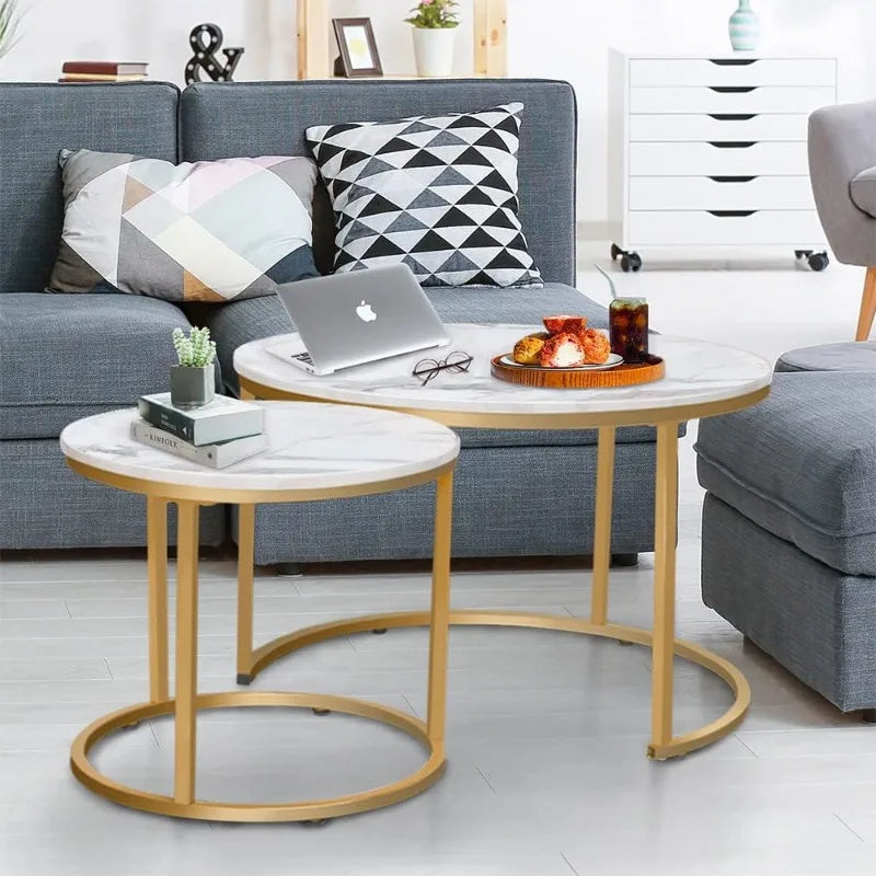 Coffee Table Nesting White Set of 2 Side Set Golden Frame Circular and Marble Pattern Wooden Tables, Living Room Bedroom