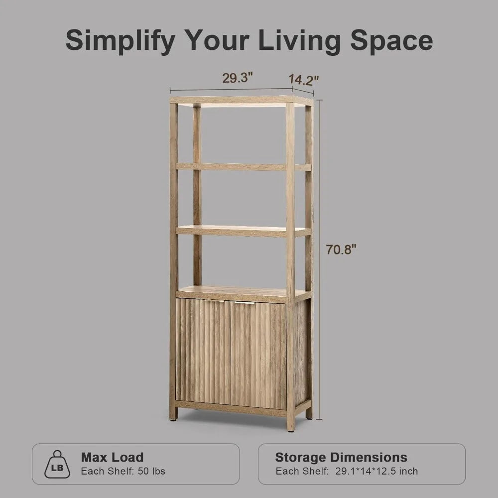 Bookshelf, Tall Bookshelf with Door Cabinet, 5-Tier Bookcase, Large Wooden Bookshelves with Fluted Panel, Bookcases with Storage