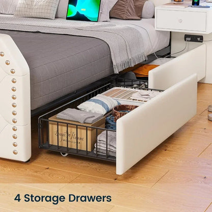 Full Size 53” Tall Platform Bed Frame with 4 Storage Drawers Built in Charging Station & LED Bedroom White Headboards Under Bed