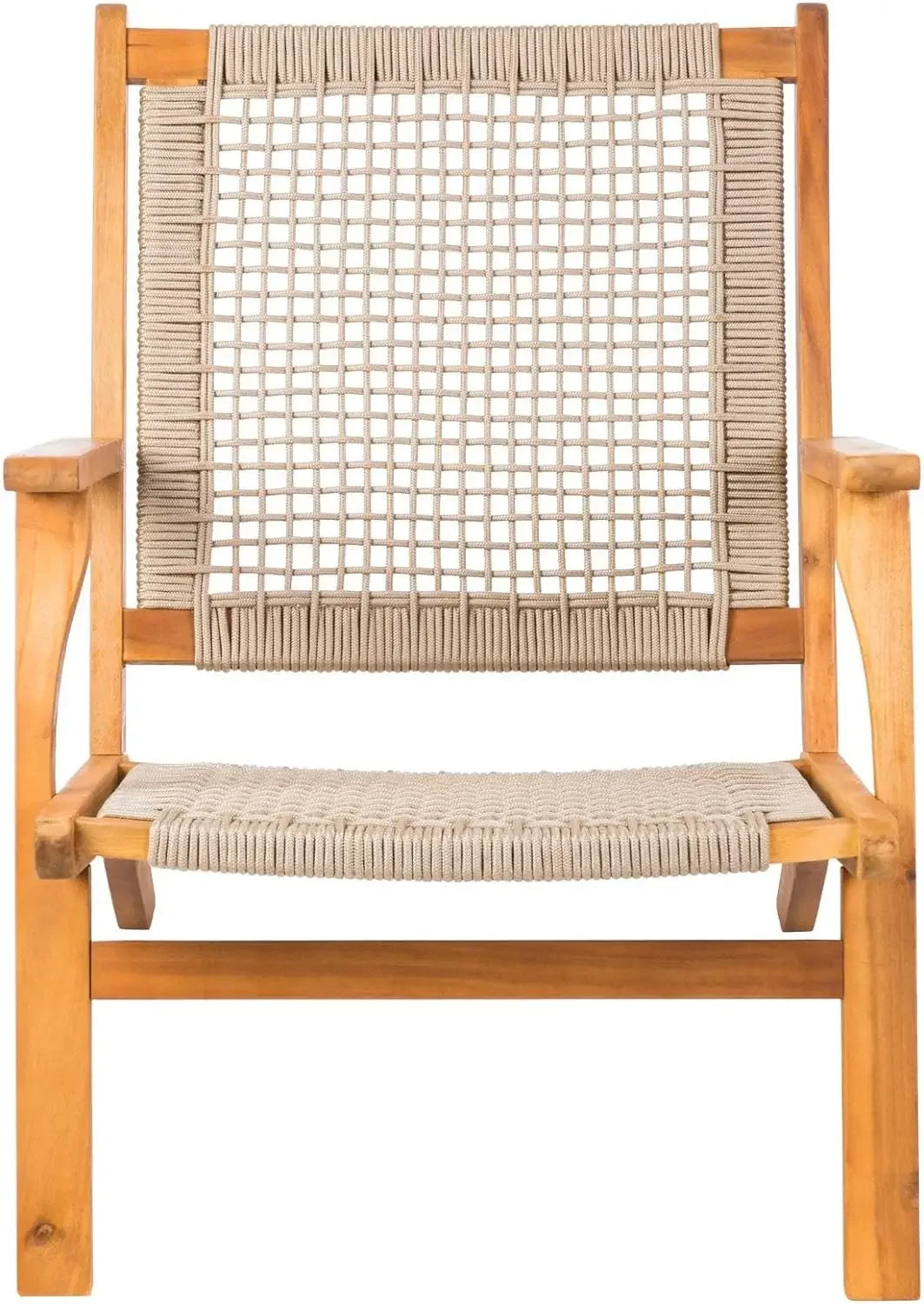 Natural Stain Outdoor Chair Acacia Wood Construction Hand Woven Seat Comfortable Reclining Armchair Patio Lawn Garden Backyard