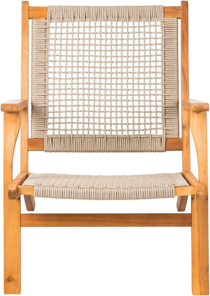 Natural Stain Outdoor Chair Acacia Wood Construction Hand Woven Seat Comfortable Reclining Armchair Patio Lawn Garden Backyard