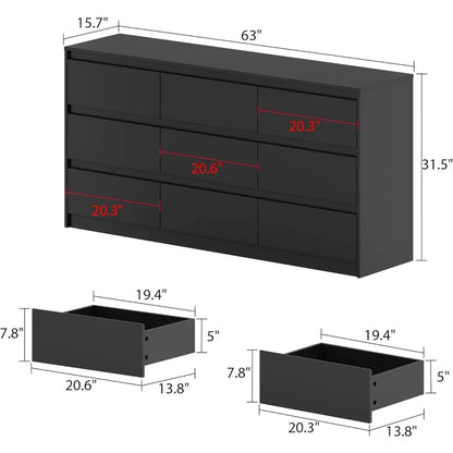 9 White Drawer Dressers, Modern Large Dresser,Wooden Long Dresser with 9 Handle Free Drawers, Storage Chest of Drawers