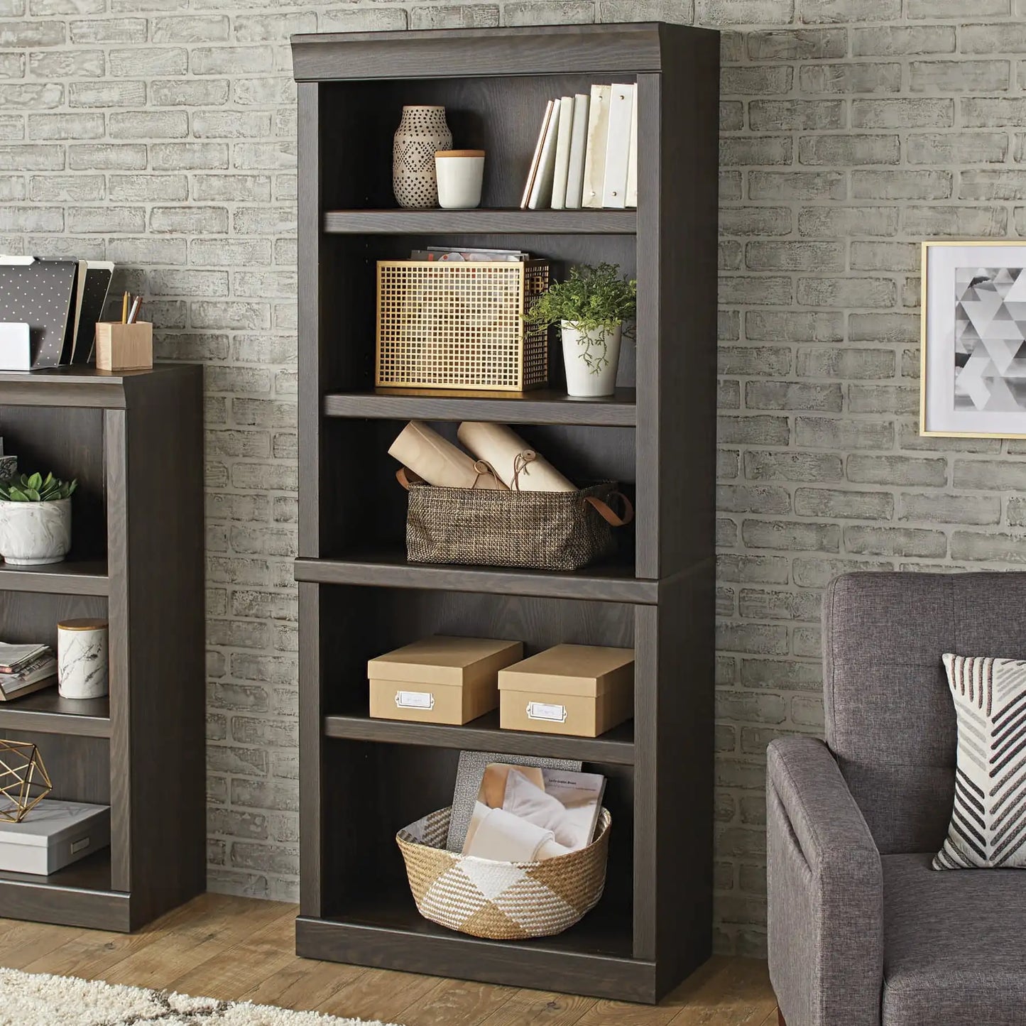 5 shelves of bookcases, study bookshelves with rustic grey finish