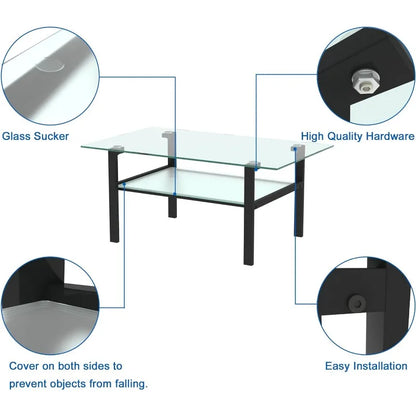 Clear Glass Coffee Table Metal Tube (All-Black)