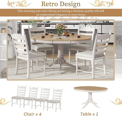 5-Piece Round Dining Table Set, Extendable Table with 4 Upholstered Chairs, Dining Room Table Sets, Kitchen Tables sets