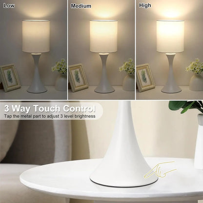 Modern Table Lamps, 3 Way Touch Control Table Lamp, Dimmable Desk Lamp, White Nightstand Lamp with Fabric Shade