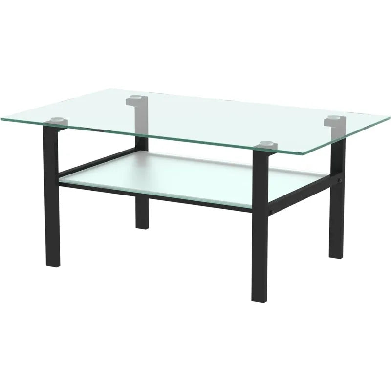 Clear Glass Coffee Table Metal Tube (All-Black)