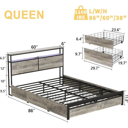 Bed Frame with Storage Headboard and 4 Drawers LED Lights Metal Platform Non-Slip without Noise Mattress Foundation Strong