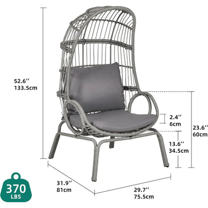 Outdoor Narrow Egg Chair Wicker, Patio Rattan Basket Chair with 370lbs Capacity Indoor Egg Chairs with Stand & Cushion Grey