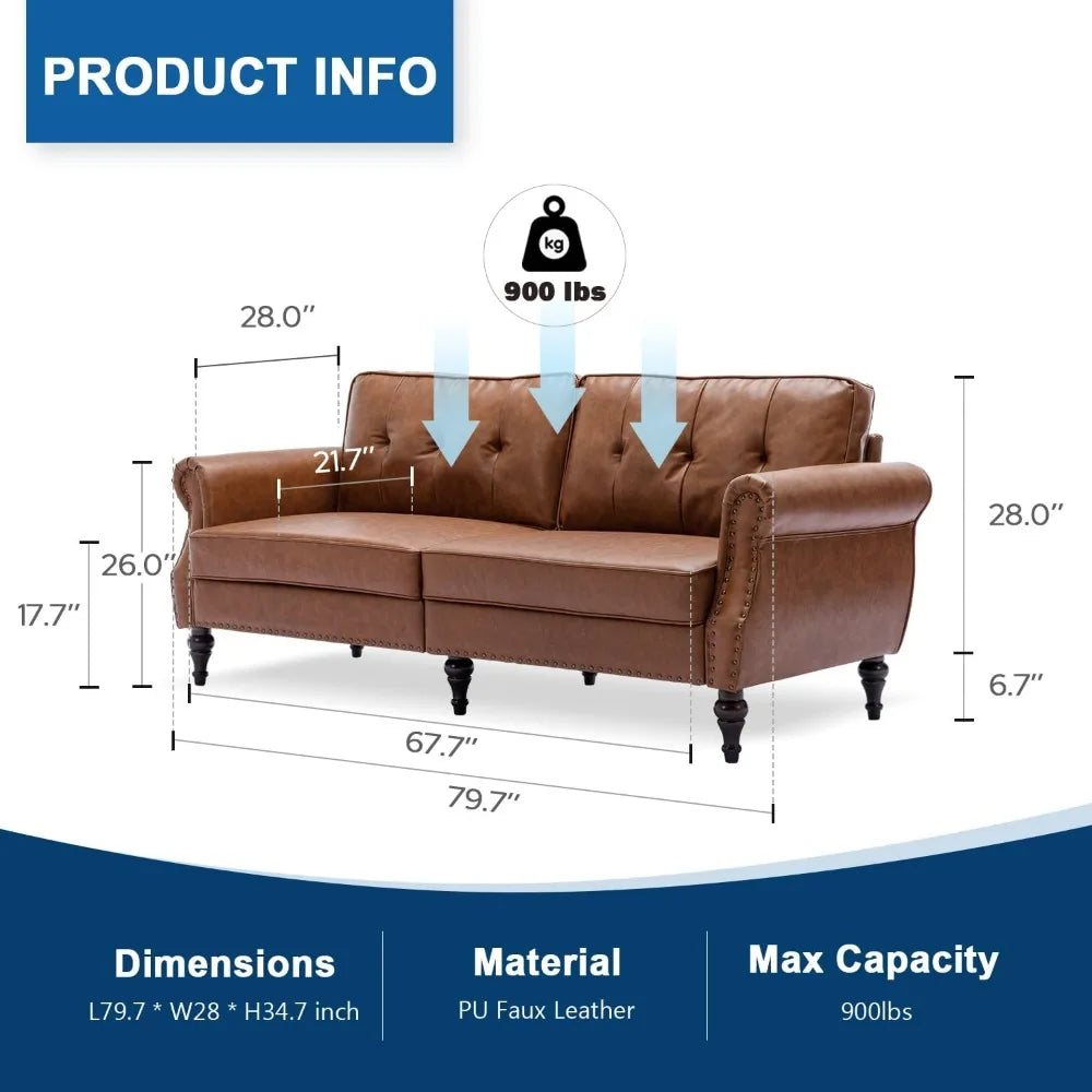 80” Leather Faux Loveseat Sofa, Mid-Century Modern Couch with Soft Cushion and Firm Structure, Perfect Furniture for Living Room