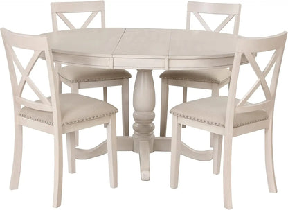 5-Piece Round Dining Table Set, Extendable Table with 4 Upholstered Chairs, Dining Room Table Sets, Kitchen Tables sets