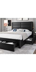 Queen Size Bed Frame with USB Charging Station/Port Storage Drawers,Leather Upholstered Platform Bed with Headboard