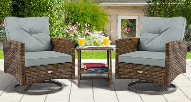 3-Piece Patio Outdoor Wicker Bistro Rocking Furniture Conversation Chairs for Garden, Backyard and Balcony Tan Chairs