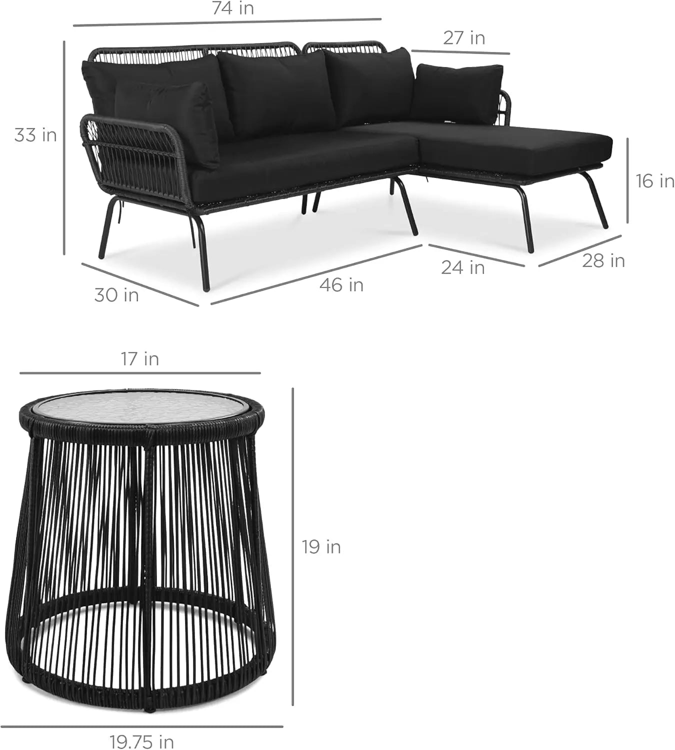 Outdoor Rope Woven Sectional Patio Furniture, L-Shaped Conversation Sofa Set, Thick Cushions, Detachable Lounger, Side Table