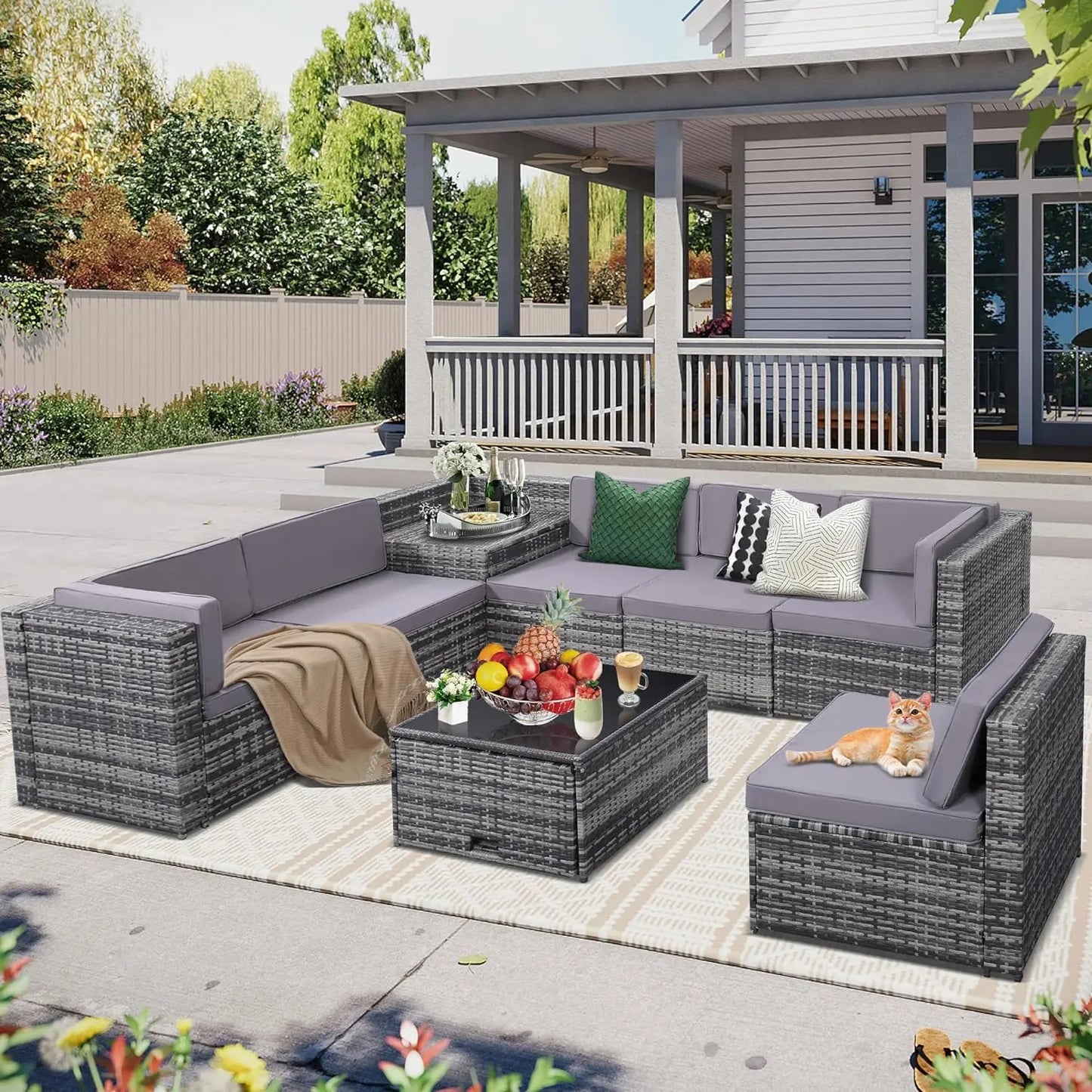 8 Pieces Outdoor Wicker Rattan Patio Furniture, Sectional Set, Glass Top Table, 7 Sofa Sections, Oversized Cushions