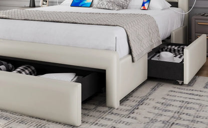 Queen Size Bed Frame with USB Charging Station/Port Storage Drawers,Leather Upholstered Platform Bed with Headboard