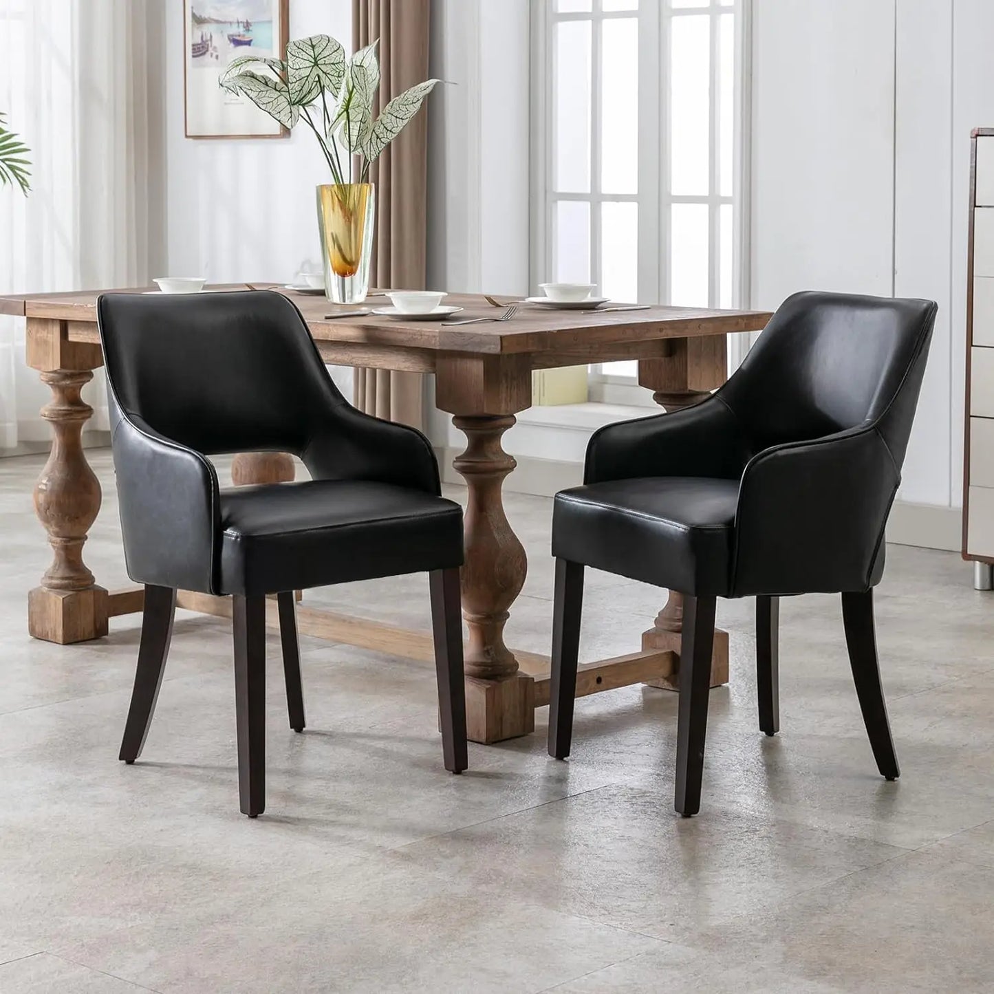 Modern Dining Chairs Set of 2 Upholstered Linen Accent Side Chair with Mid Open Back & Wood Legs, Arm Chair for Home Kitchen