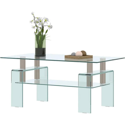 Clear Glass Coffee Table Metal Tube (All-Black)