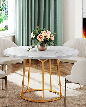 Round Dining Table 47.24 Inch Kitchen Table for 4 People Wooden Marble Pattern Dinner Room Table with Gold Base for Home Room