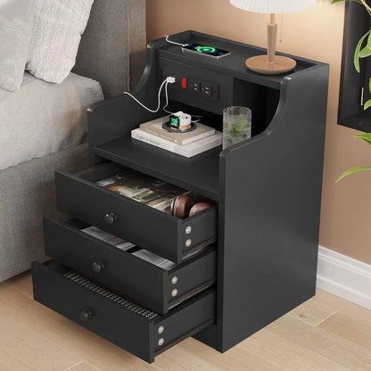 Nightstand with Charging Station,Black Night Stand for Bedroom,End Table with Hutch & Storage Drawers