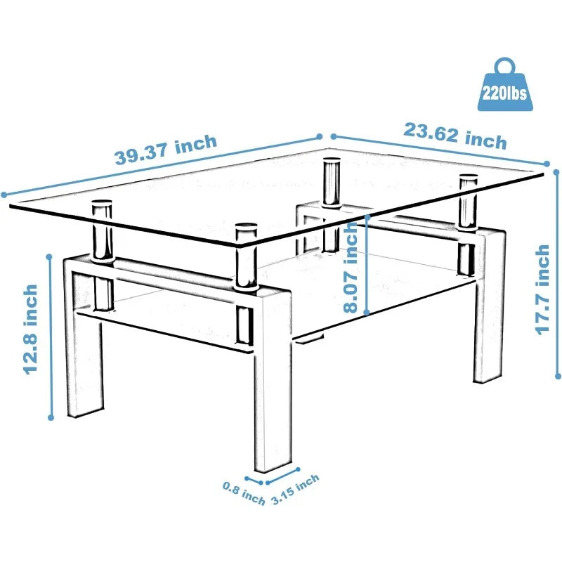 Clear Glass Coffee Table Metal Tube (All-Black)