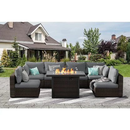 Patio Furniture Set 7 Pieces with Fire Pit Table Patio Sectional Furniture Sofa Chair Sets, PE Rattan Couch Conversation Set