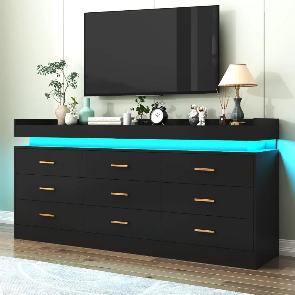 Modern Dresser 9 Drawer with LED Light,Wide Drawer Organizer Cabinet for Bedroom Living Room Chest  for Closet of Wood Drawers