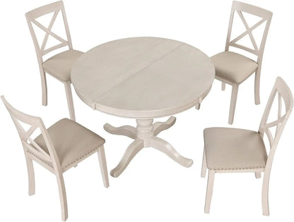 5-Piece Round Dining Table Set, Extendable Table with 4 Upholstered Chairs, Dining Room Table Sets, Kitchen Tables sets