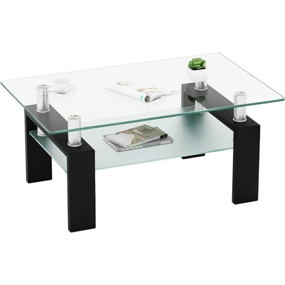 Clear Glass Coffee Table Metal Tube (All-Black)