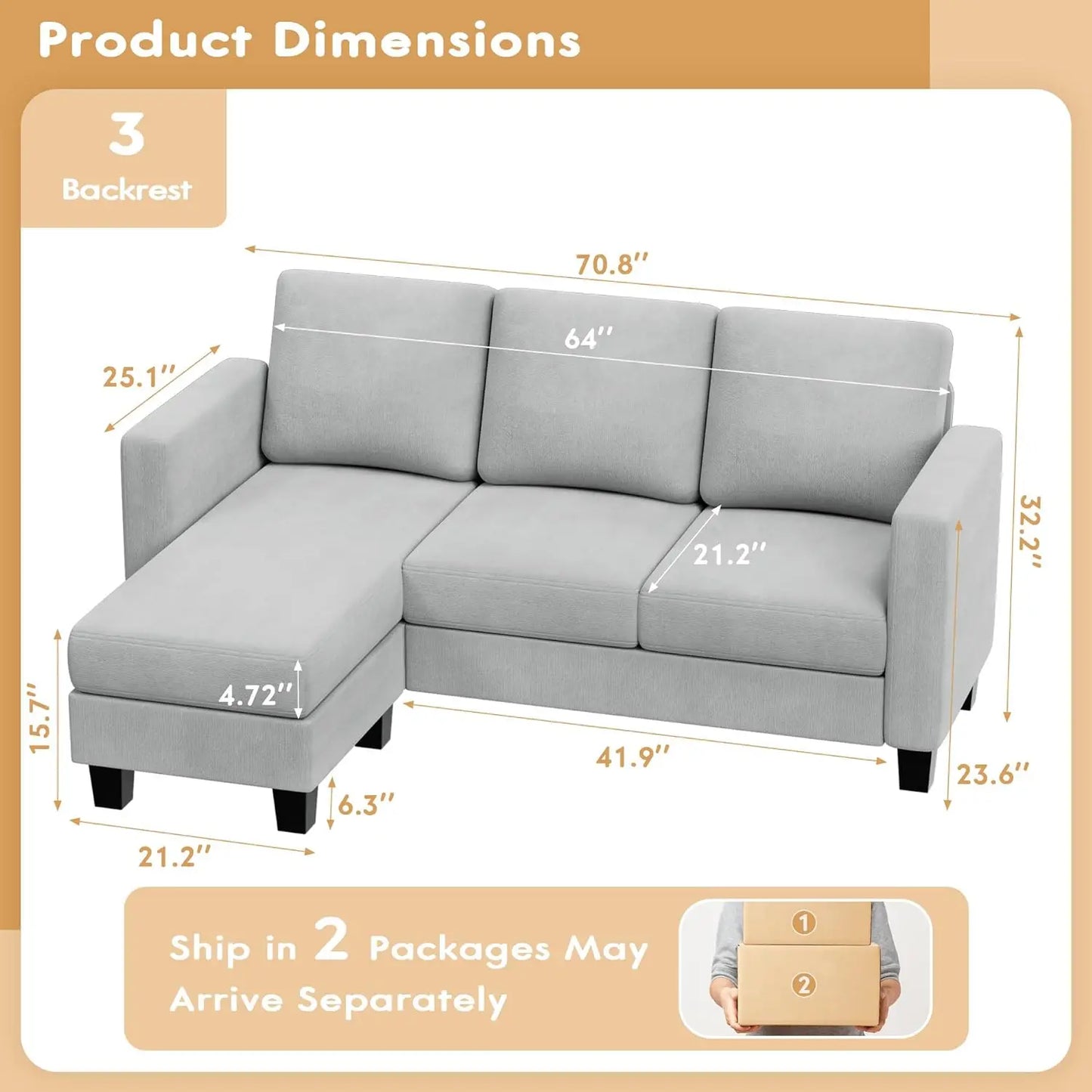 Convertible Sectional Sofa Couch, 3 Seat L-Shaped Sofa with Linen Fabric, Movable Ottoman Small Couch for Small Apartments