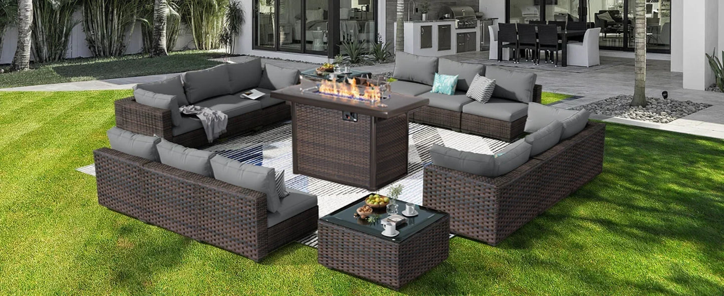 Patio Furniture Set 7 Pieces with Fire Pit Table Patio Sectional Furniture Sofa Chair Sets, PE Rattan Couch Conversation Set