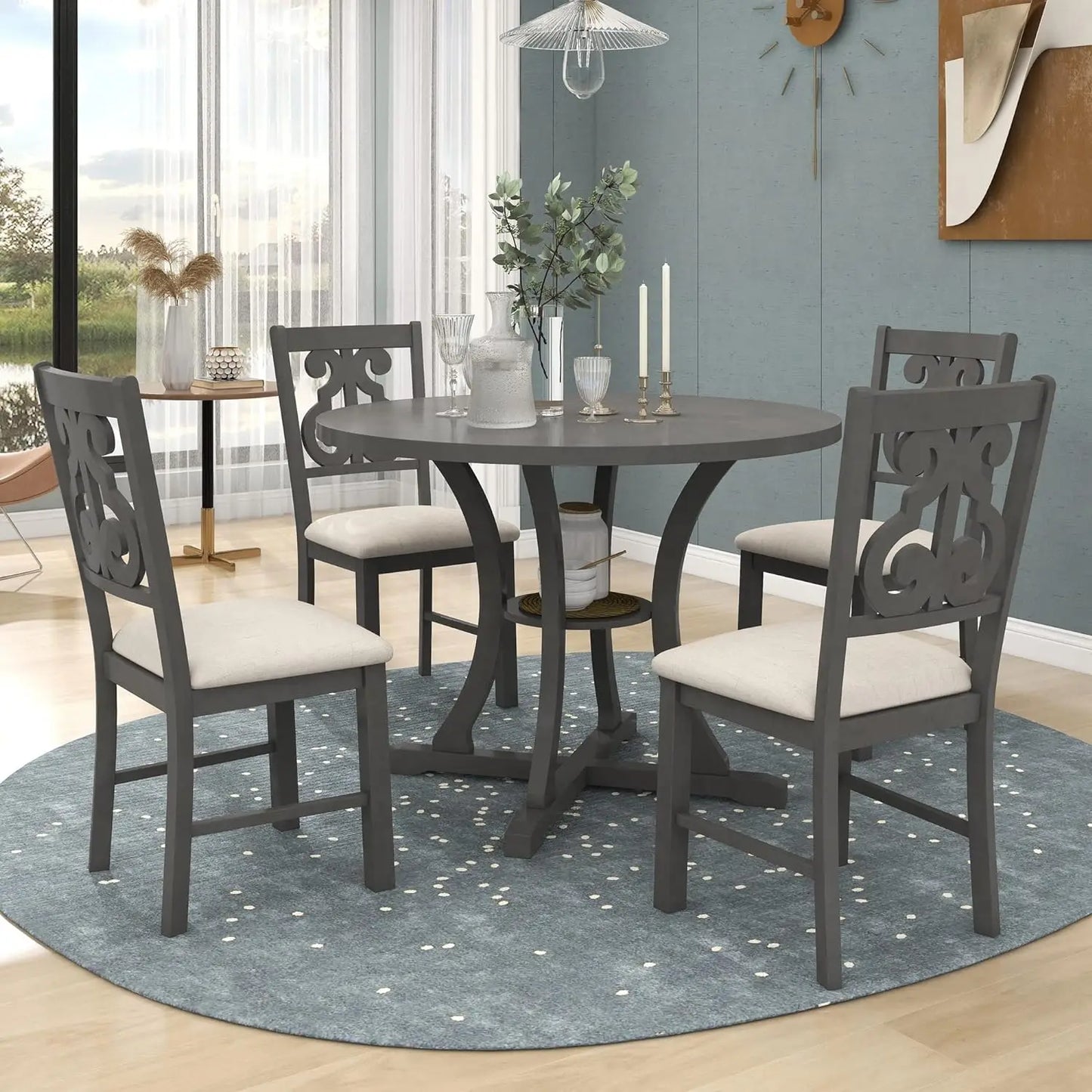 5-Piece Round Dining Table Set, Extendable Table with 4 Upholstered Chairs, Dining Room Table Sets, Kitchen Tables sets