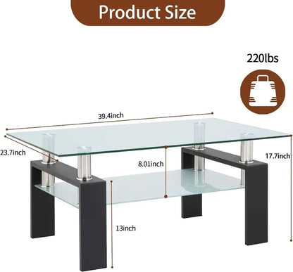 Rectangle Glass Coffee Table 2-Tier Tea Table Modern Side Coffee Table for Living Room