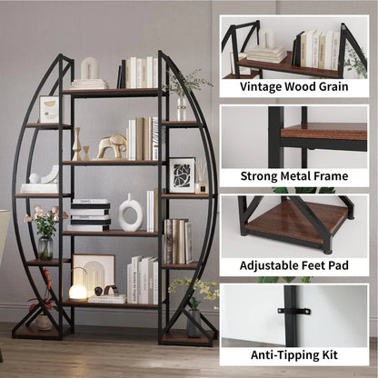 Oval Bookshelf 5 Tier Industrial Bookcases,Standing Tall Bookshelves Storage for Books, Farmhouse Wood and Metal Display Shelves