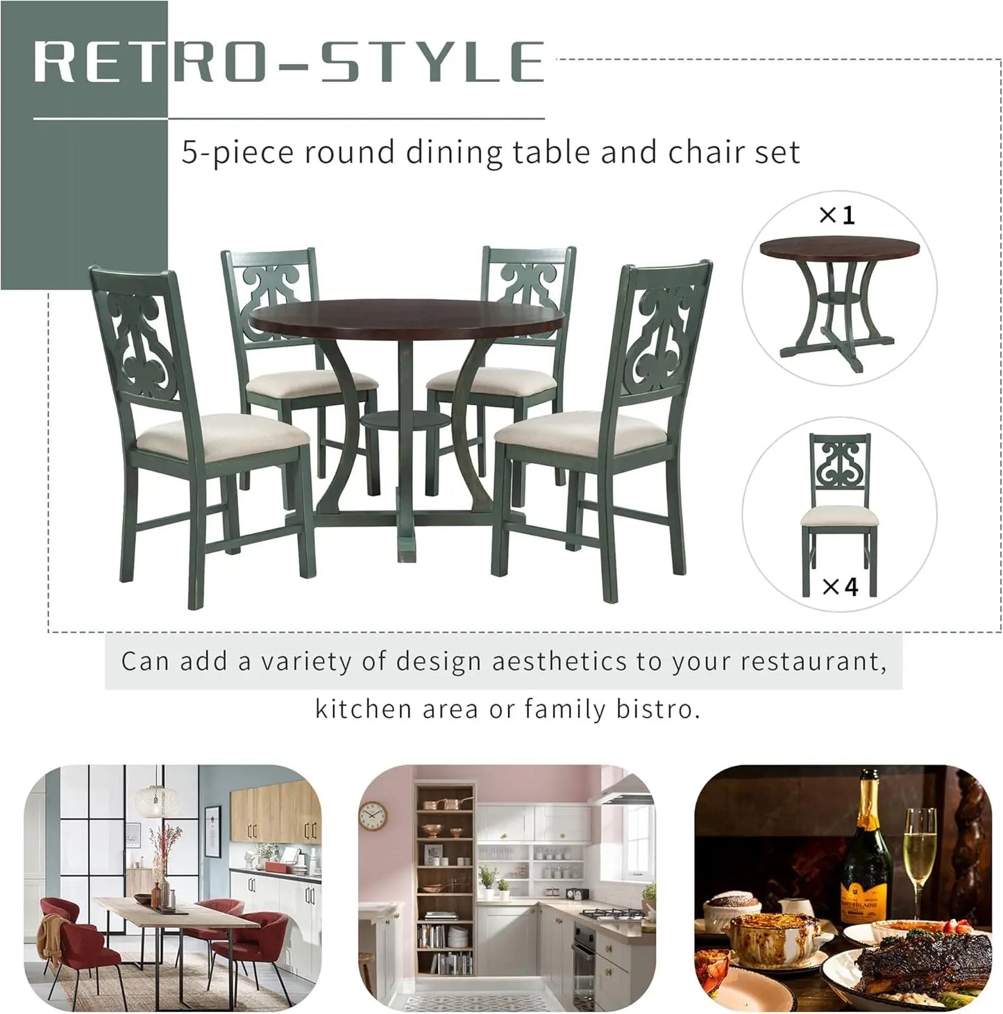 5-Piece Round Dining Table Set, Extendable Table with 4 Upholstered Chairs, Dining Room Table Sets, Kitchen Tables sets