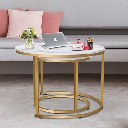 Coffee Table Nesting White Set of 2 Side Set Golden Frame Circular and Marble Pattern Wooden Tables, Living Room Bedroom