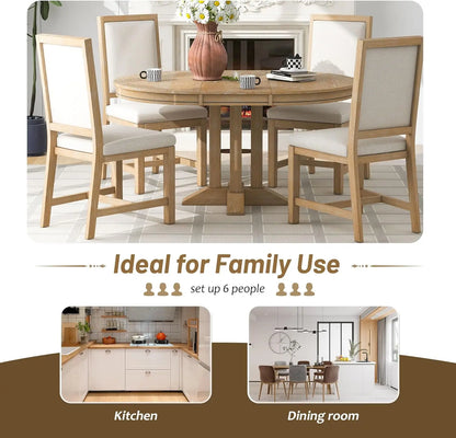 5-Piece Round Dining Table Set, Extendable Table with 4 Upholstered Chairs, Dining Room Table Sets, Kitchen Tables sets