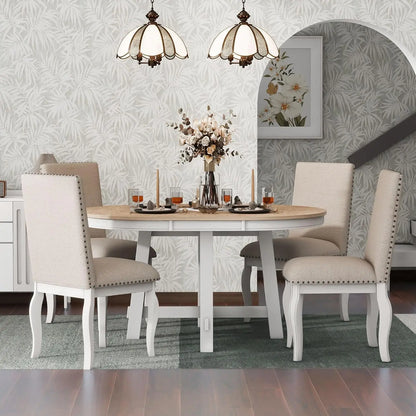 5-Piece Round Dining Table Set, Extendable Table with 4 Upholstered Chairs, Dining Room Table Sets, Kitchen Tables sets