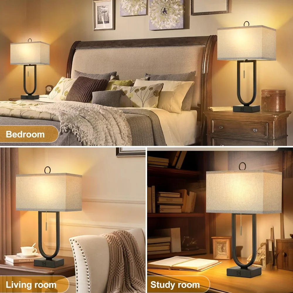 Luvkczc Nightstand Lamps Set of 2 with USB C+A Ports, 24'' Tall Table Lamp with Two 3000K LED Bulbs, Linen Lampshade