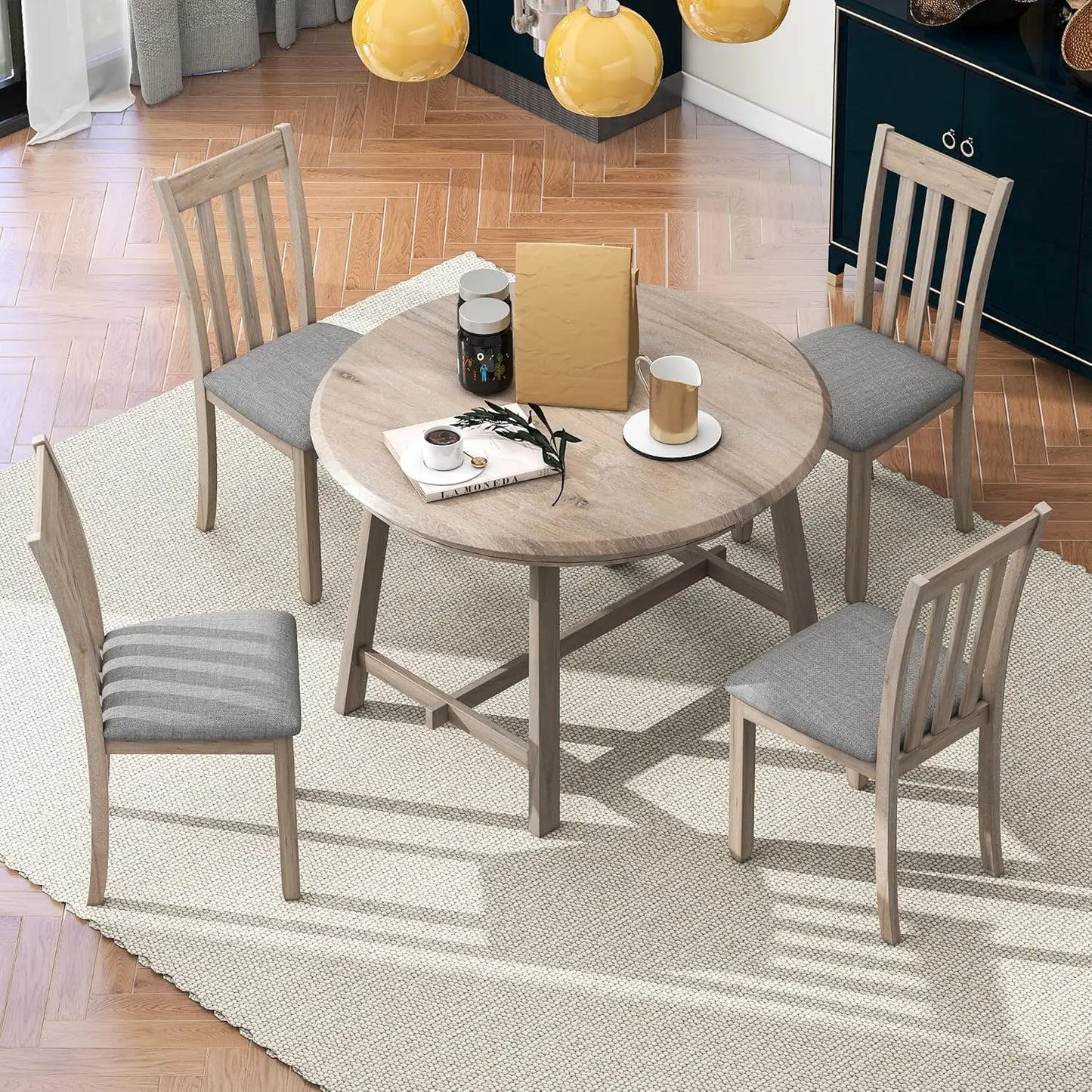 5-Piece Round Dining Table Set, Extendable Table with 4 Upholstered Chairs, Dining Room Table Sets, Kitchen Tables sets