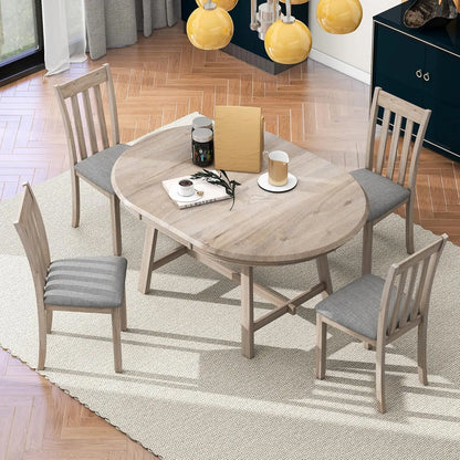 5-Piece Round Dining Table Set, Extendable Table with 4 Upholstered Chairs, Dining Room Table Sets, Kitchen Tables sets