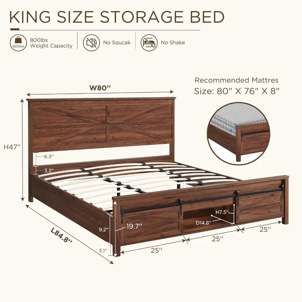 King Size Bed Freme with Sliding Barn Door Storage Cabinets, Solid Wood Slats Support, Noiseless Beds