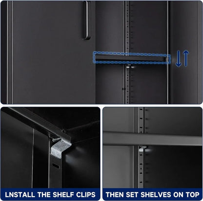 Metal Storage Cabinet with Lock-Garage Storage Cabinet with Locking Doors and  Adjustable Shelves,Black Steel Lockable File