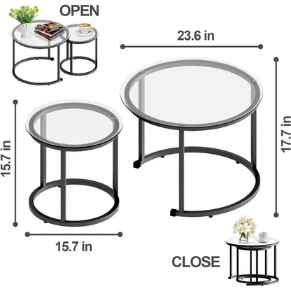 Coffee Table Nesting White Set of 2 Side Set Golden Frame Circular and Marble Pattern Wooden Tables, Living Room Bedroom