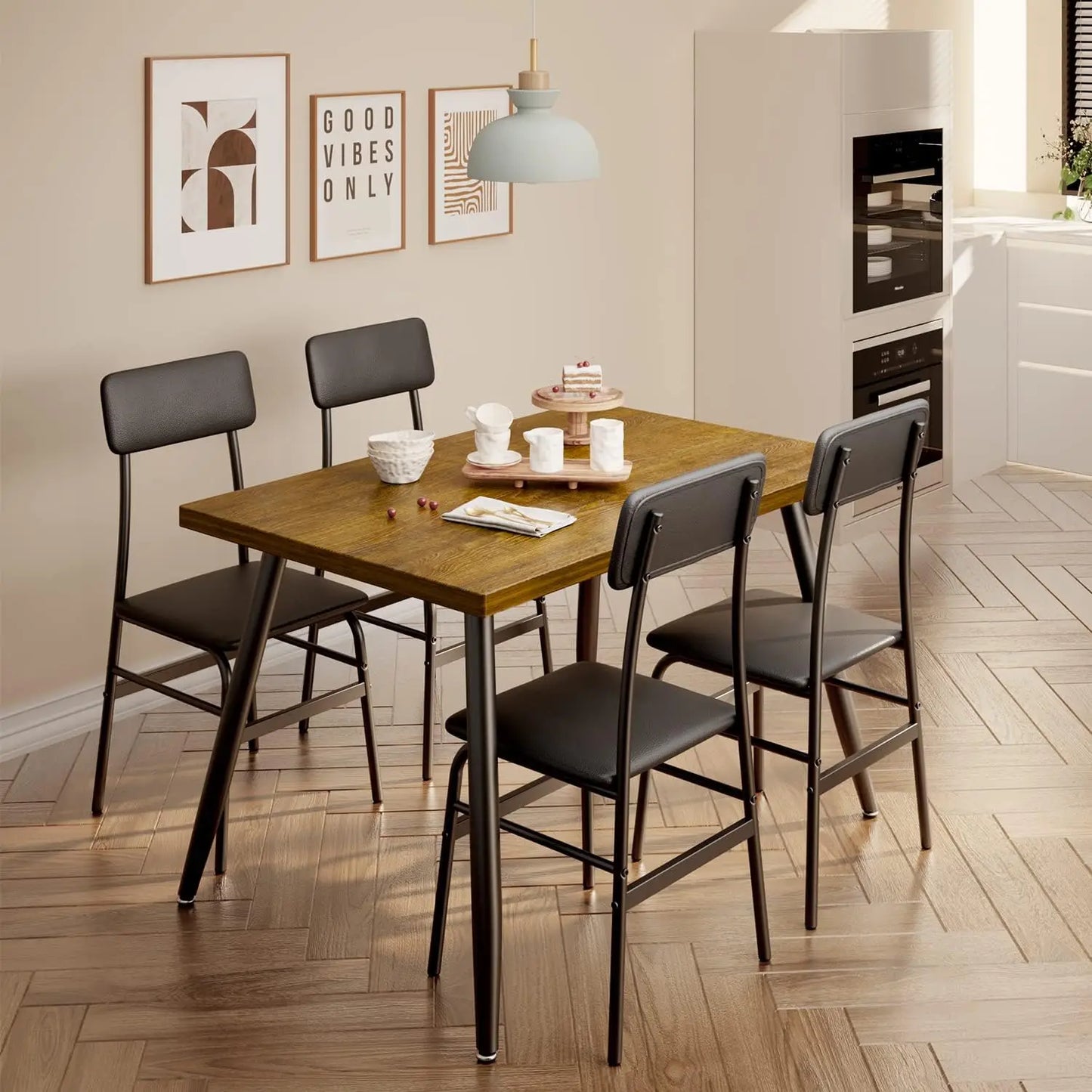 Dining Table Set for 4,Sleek Design Rectangular Kitchen Dining Table with Black-4 Back Chairs for Small Space, Apartment